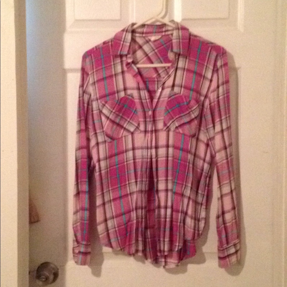 Pink plaid cotton button up shirt